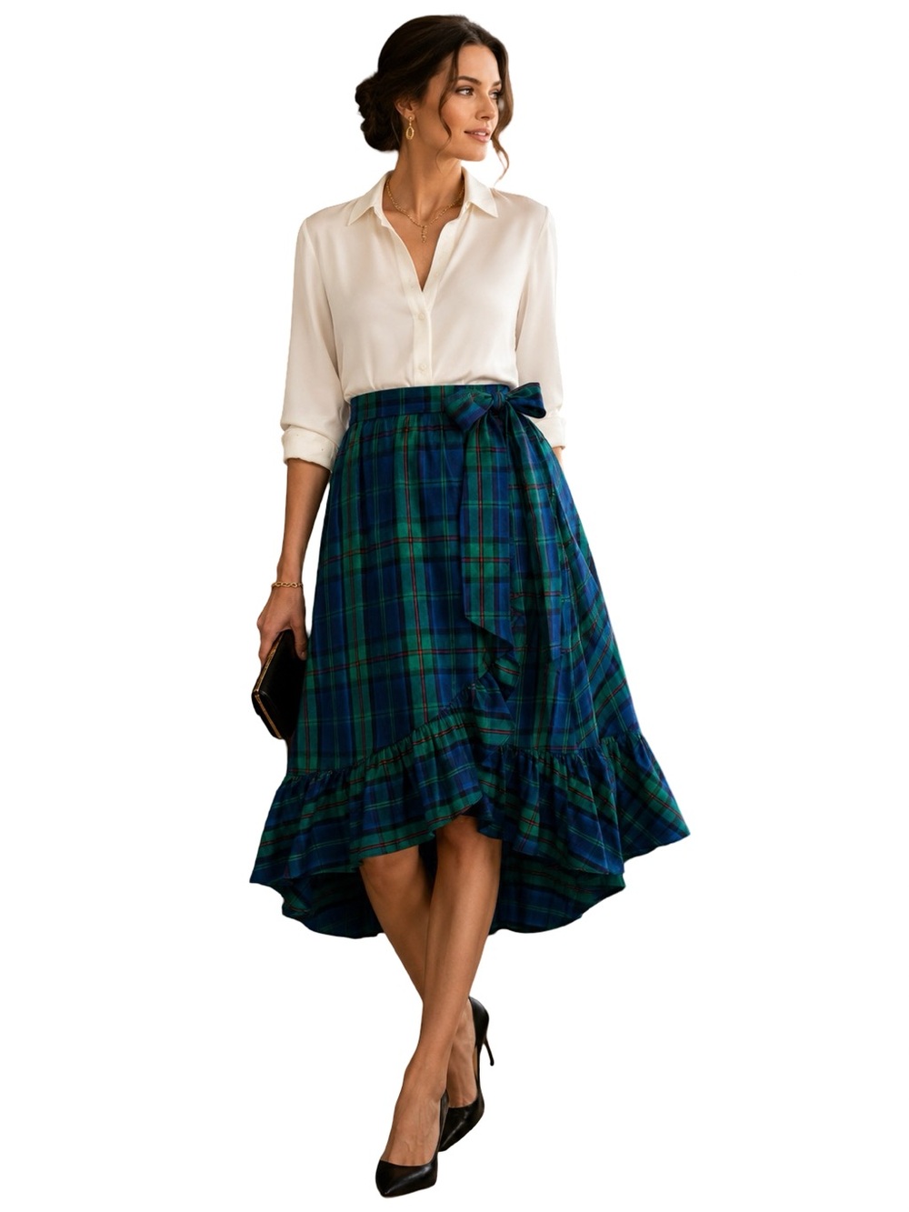 NWT J.Crew Tartan Plaid Wrap Midi Skirt ruffle hi low hem tie waist old money L - Picture 2 of 8